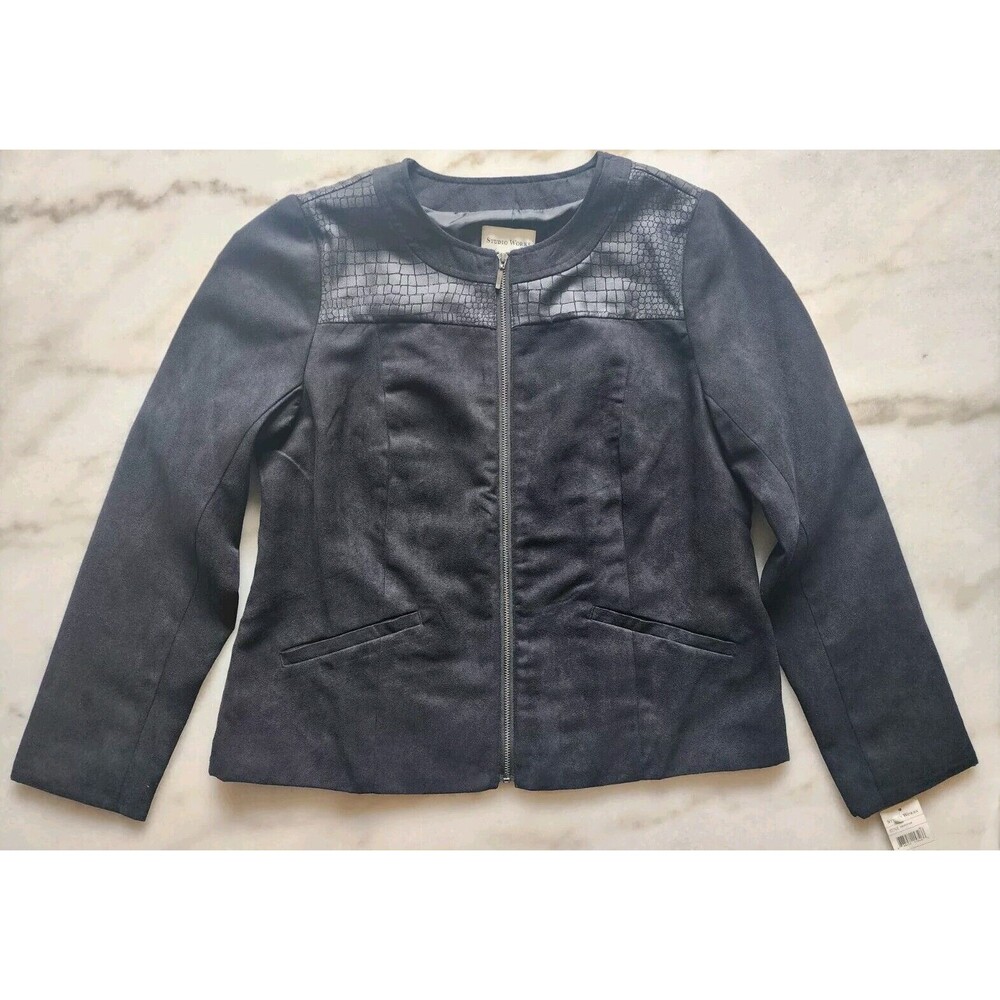 Studio Works Women's 4P Petite Jet Black Jacket NWT Zip Classic Snakeskin Detail